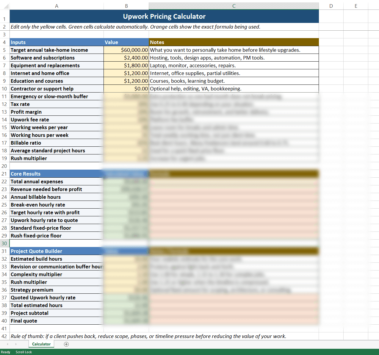 Upwork Pricing Calculator Spreadsheet with inputs, core results, and project quote builder