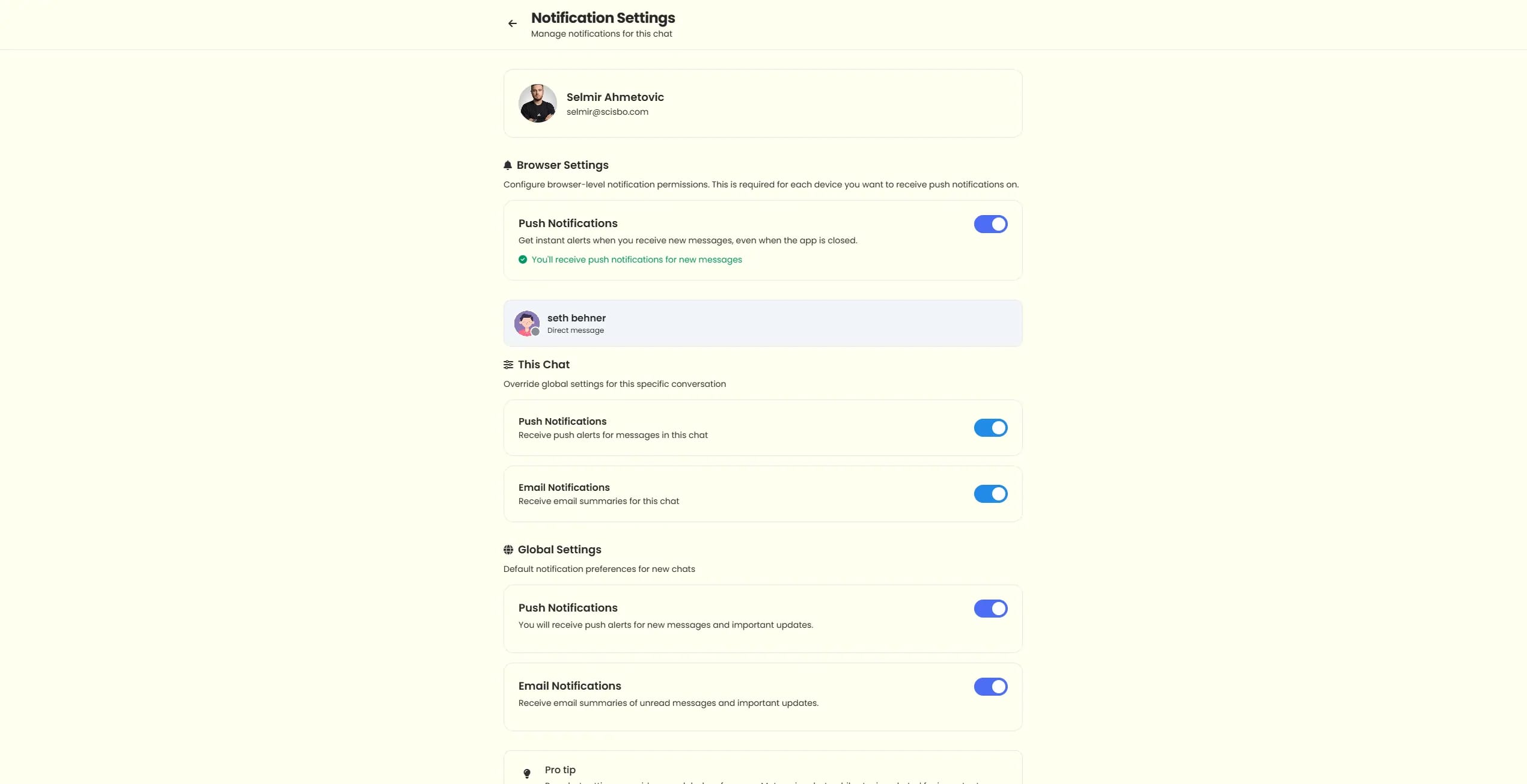 Scisbo Messaging notification settings