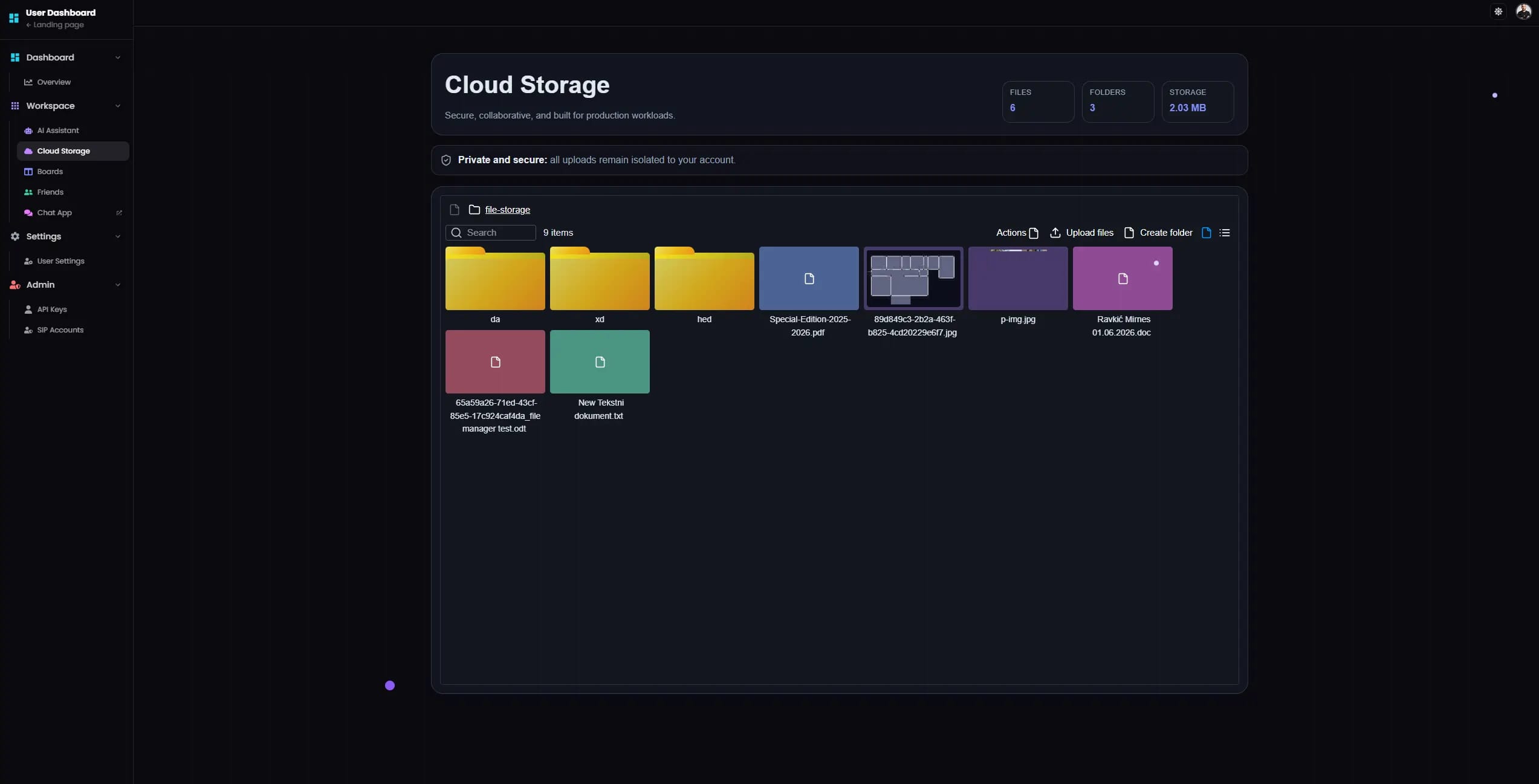 Scisbo Dashboard cloud storage