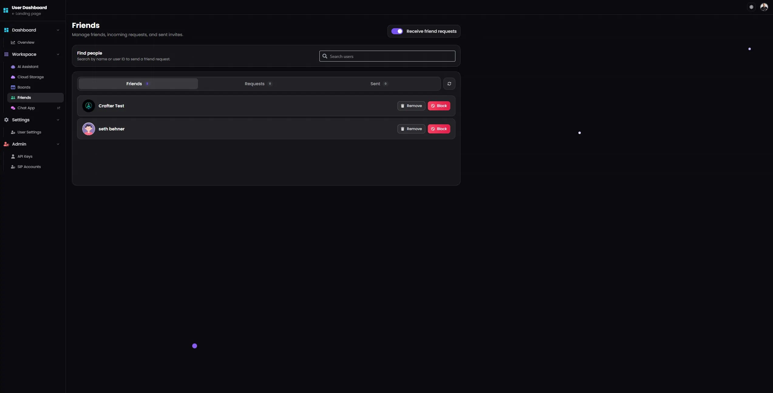 Scisbo Dashboard friends system