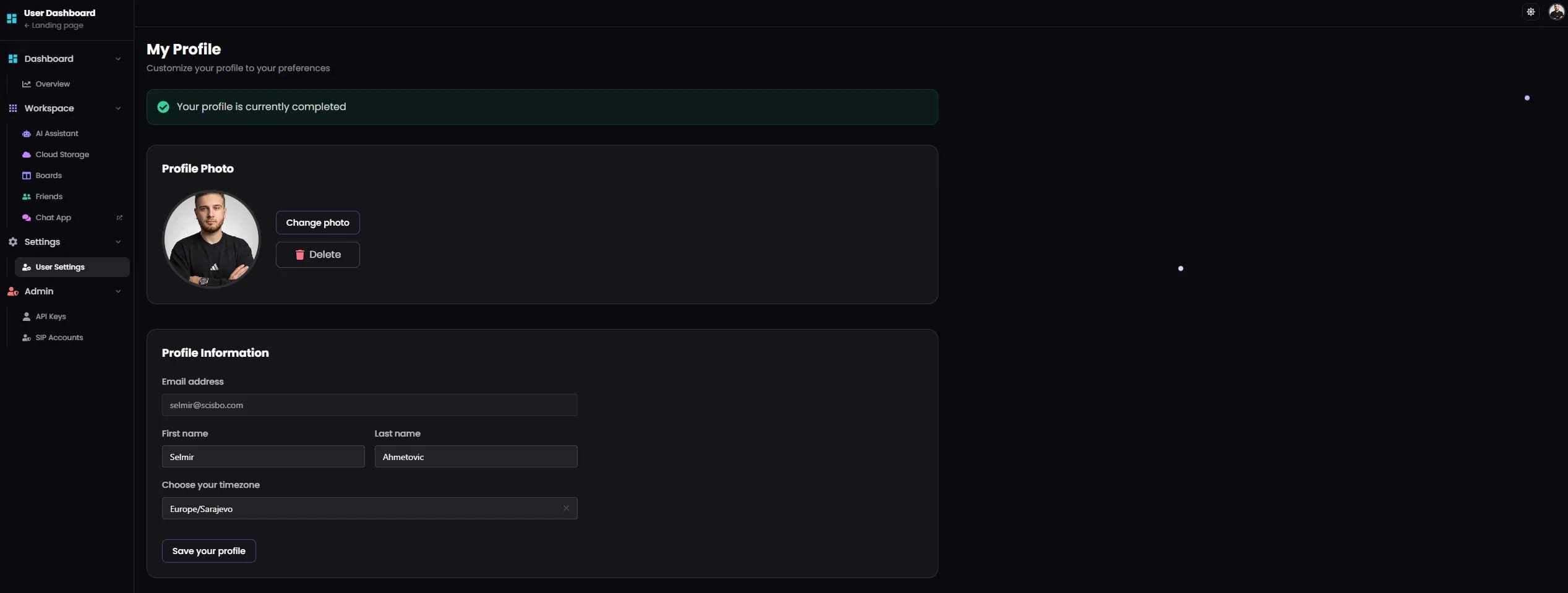 Scisbo Dashboard account settings