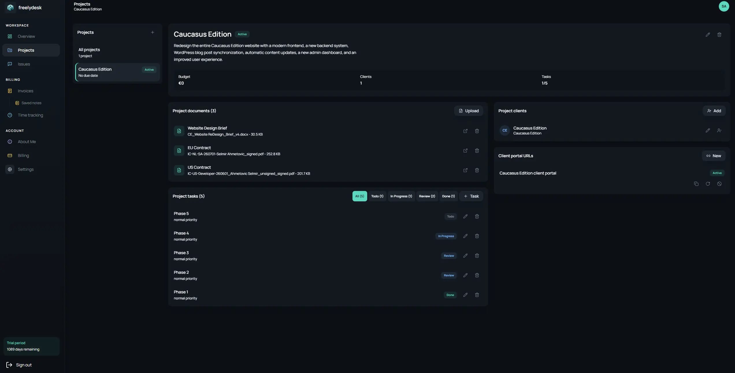 FreelyDesk projects dashboard