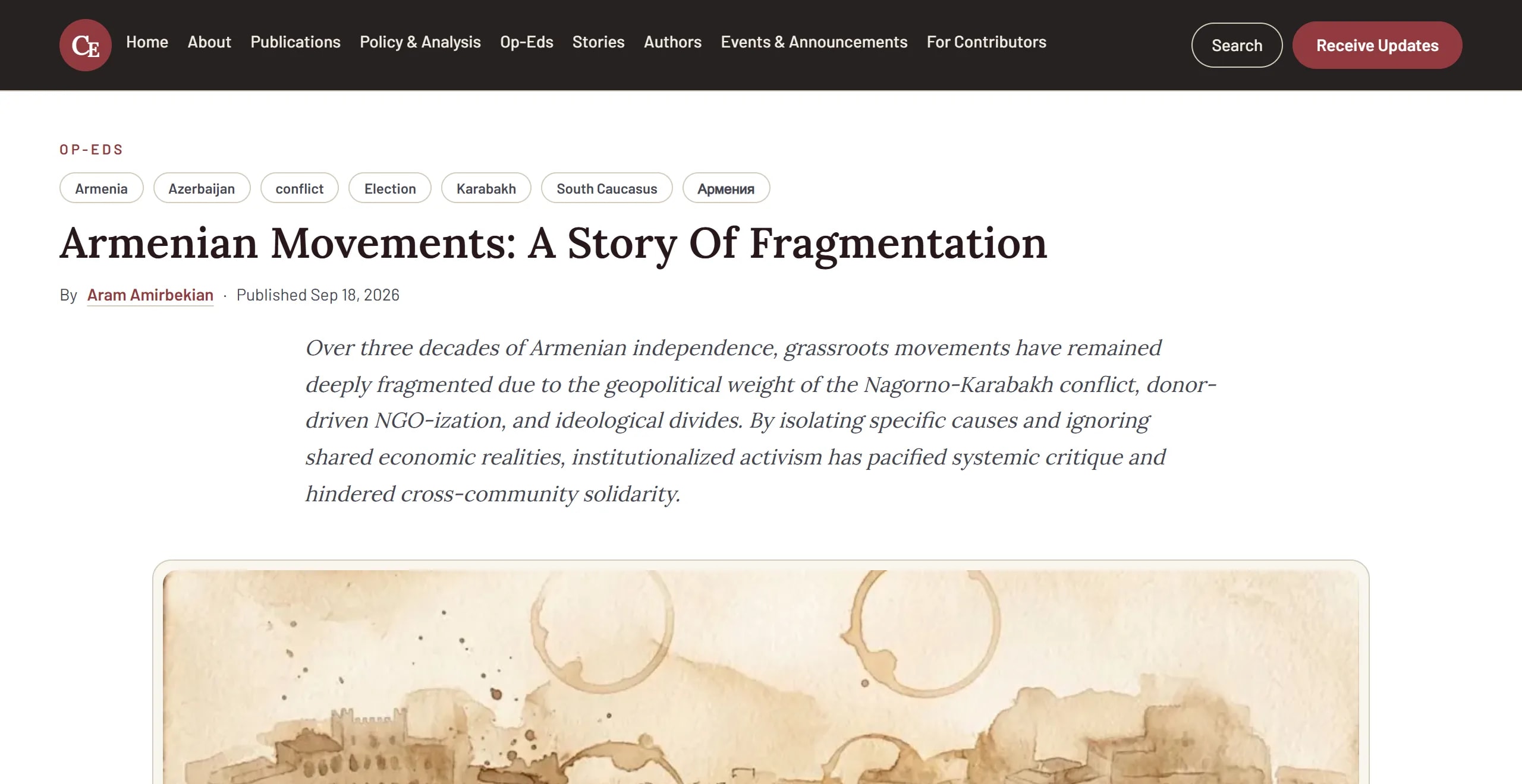 Caucasus Edition article page with tags, author and lead paragraph