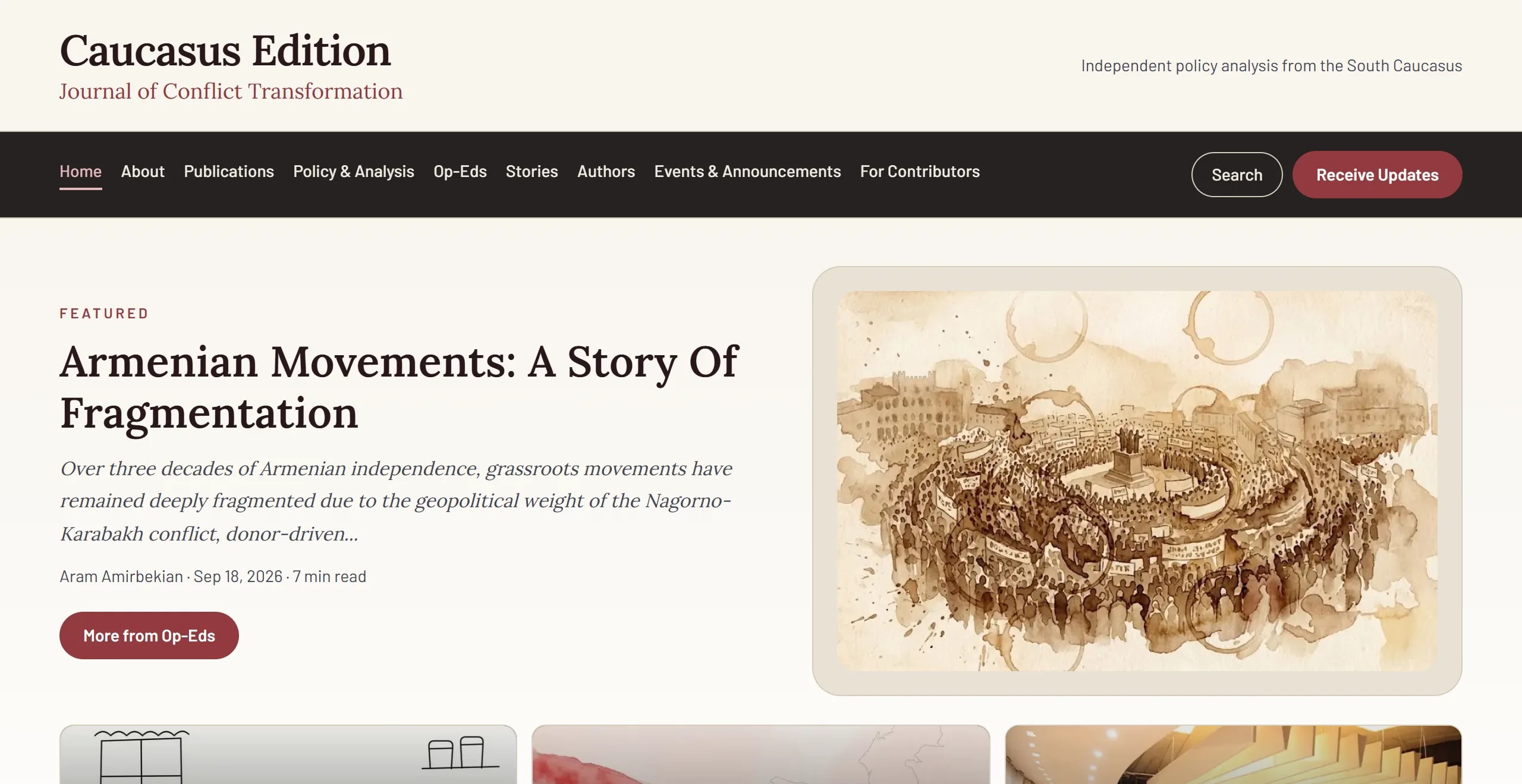Caucasus Edition home page with the featured article and latest stories