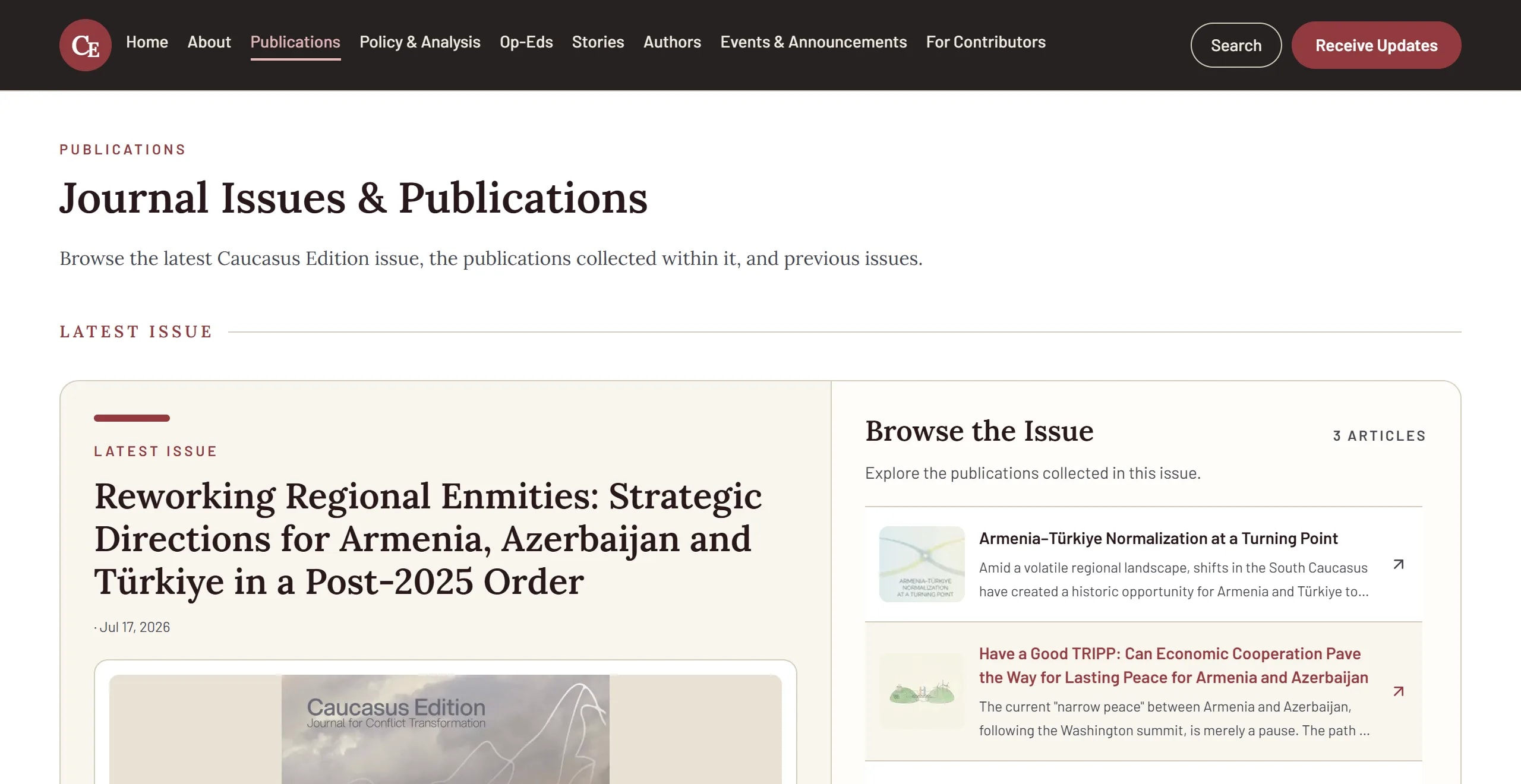 Caucasus Edition publications page showing the latest journal issue and its articles