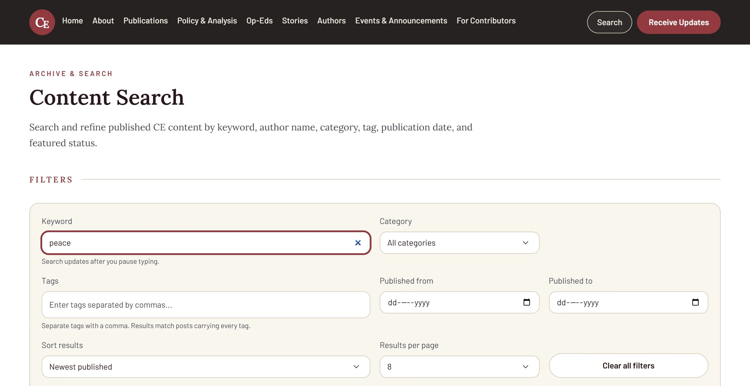 Caucasus Edition content search with keyword, category, tag and date filters