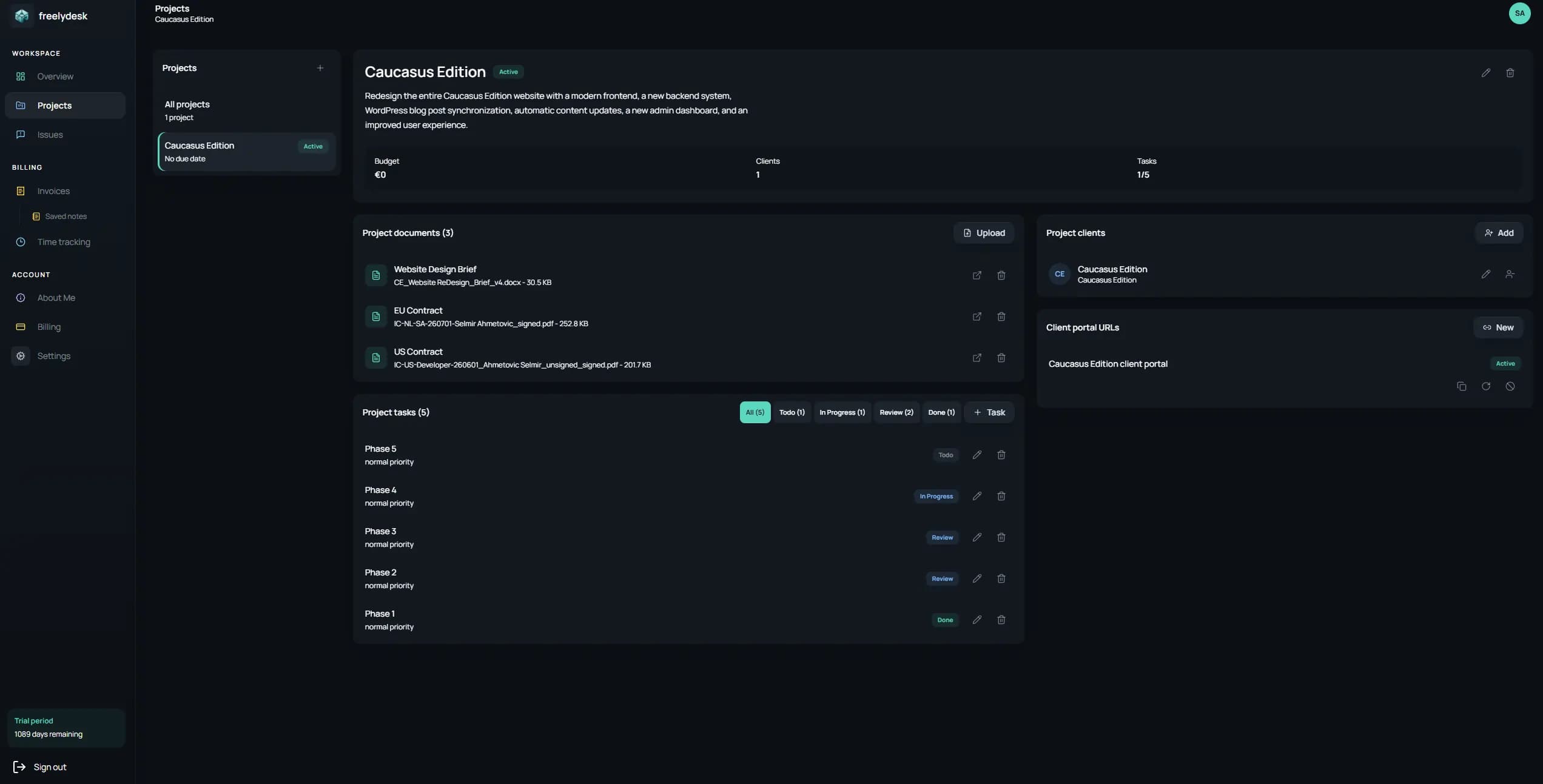 FreelyDesk projects dashboard showing active client projects