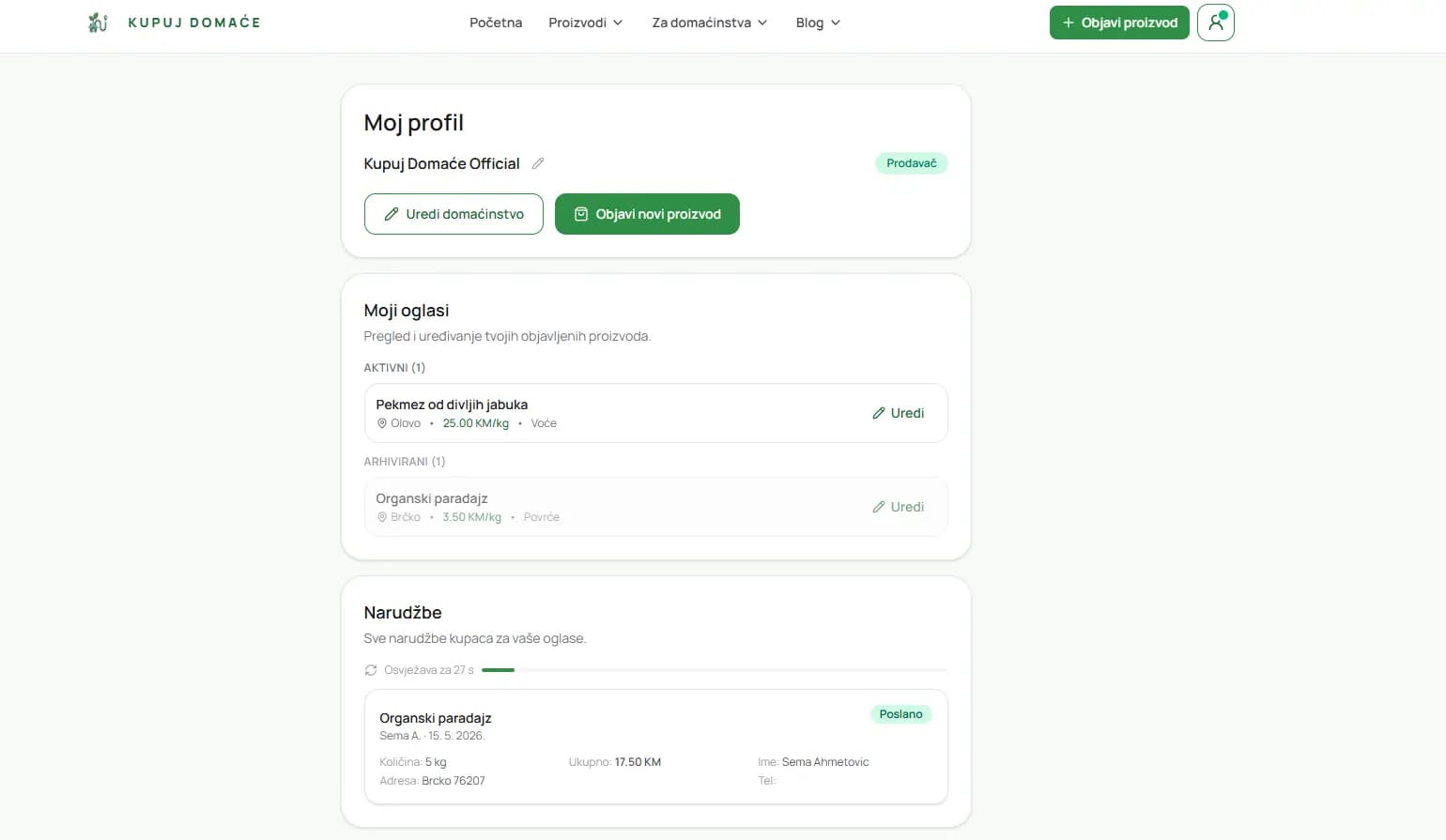 Kupuj Domaće producer dashboard with listings and enquiries