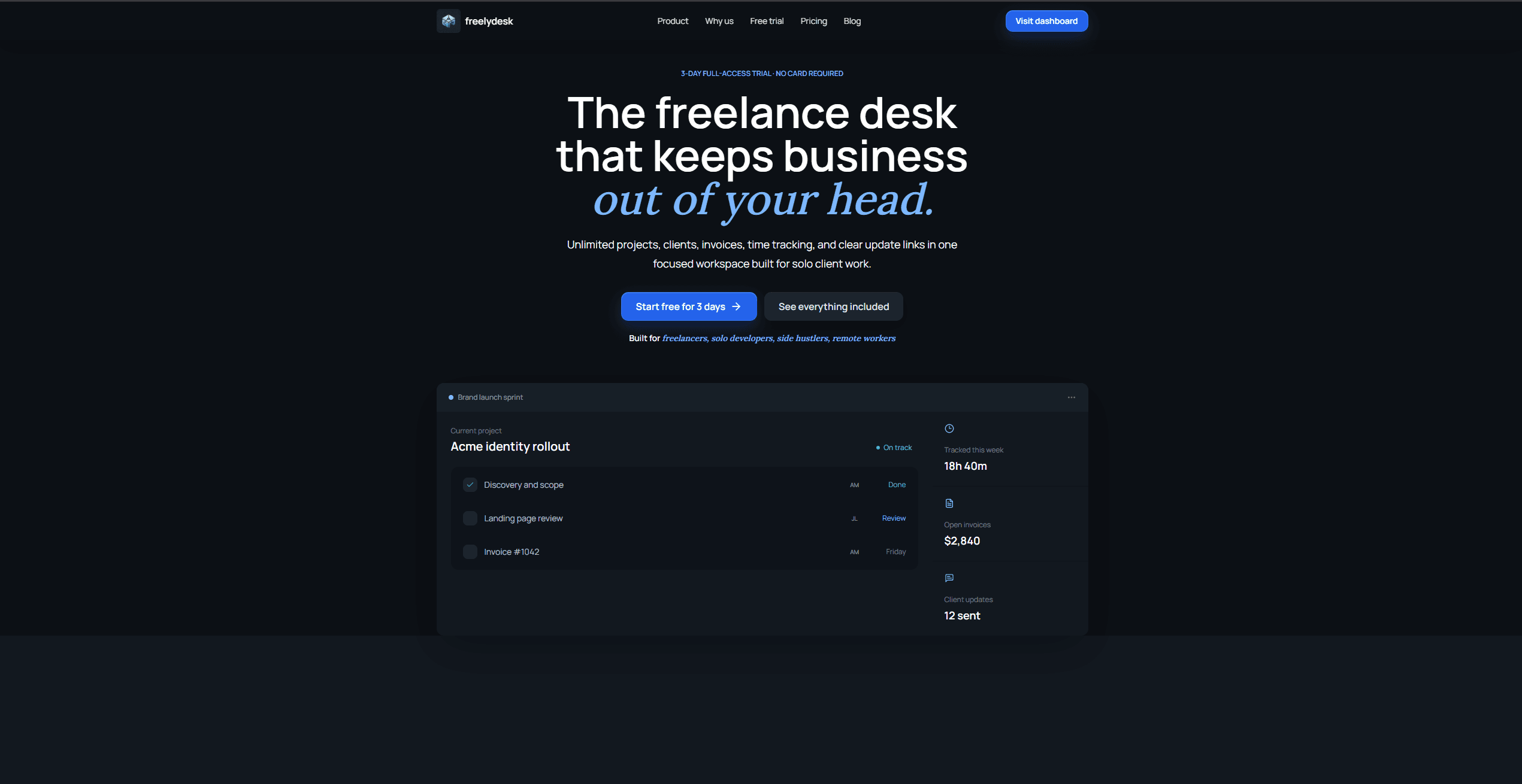 FreelyDesk webpage screenshot